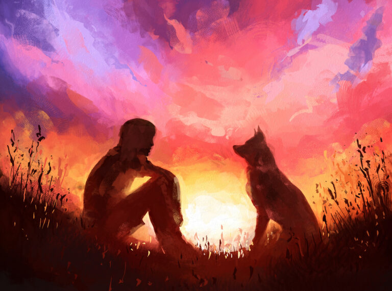 Digital,Painting,Of,Man,And,His,Dog,Sitting,On,A