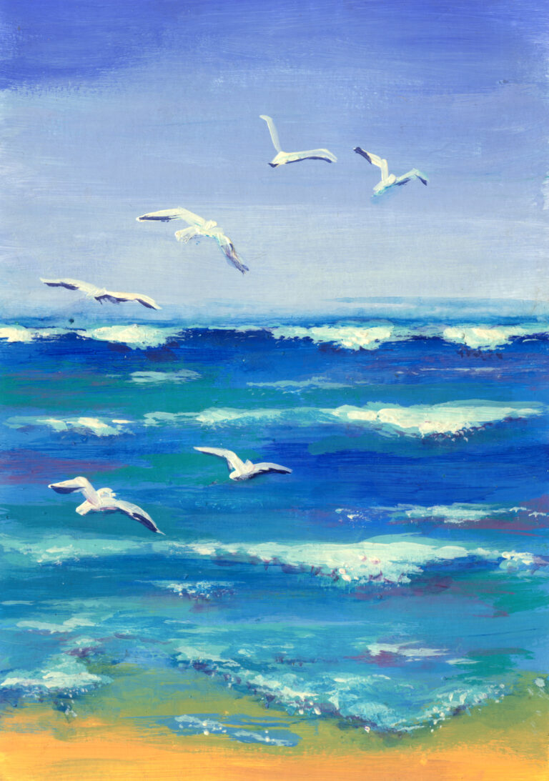 Sea,With,Seagulls,Acrylic,Painting.,Original,Artwork