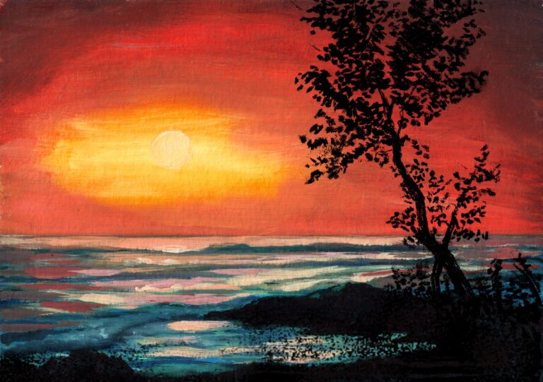 Sunset,Background,With,Tree,Silhouette.,Original,Painting,With,Mixed,Media